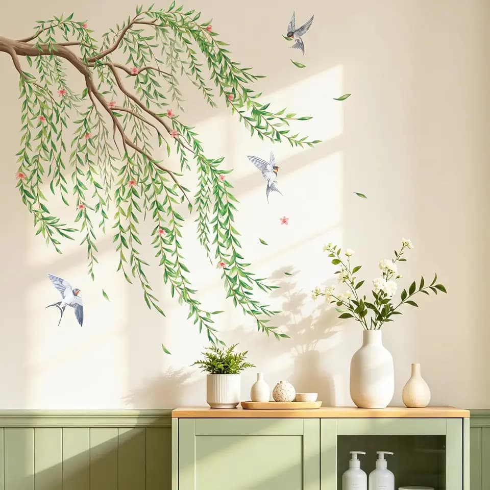 SHUCHING Hanging Vine Wall Decal, Tree Branch Green Leaf Wall Sticker