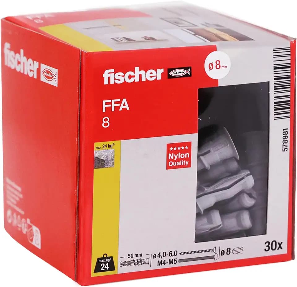 fischer Porenbetondübel FFA 8, Spezialdübel für die Befestigung in Porenbeton, hohe Tragfähigkeit, flexible Schraubenauswahl, einfache Montage ohne Setzwerkzeug, 30 Stück