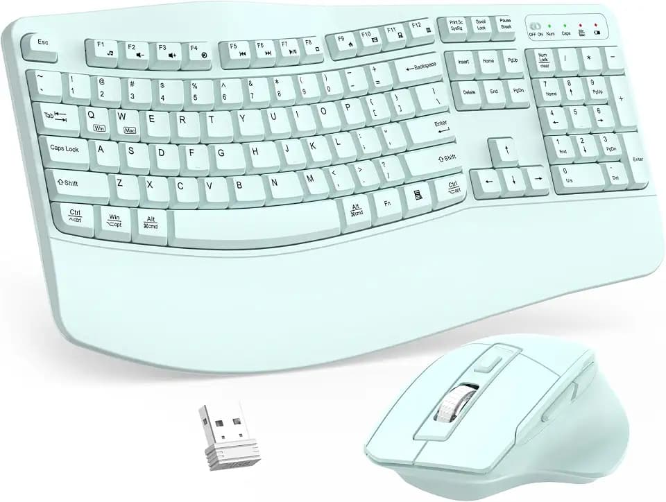 Wireless Keyboard and Mouse Combo, 2.4G Ergonomic Wave Key(Mint Green)
