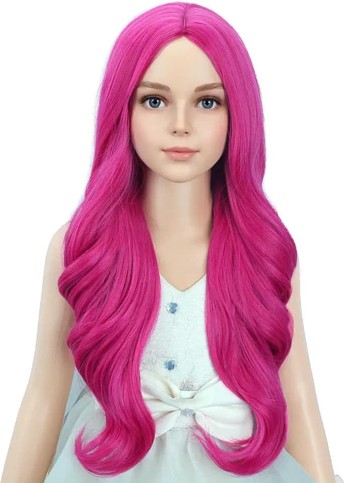 PATTNIUM Hot Pink Wig for Kids Child Long Wavy Curly Wig Girls Neon Pink Wigs Magenta Wigs Rose Pink Cosplay Party Synthetic Hair