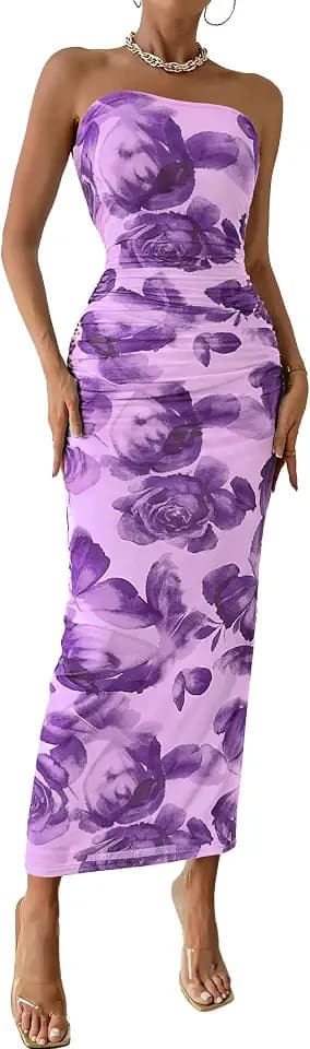 PRETTYGARDEN Women's Strapless Bodycon Floral Maxi Dress