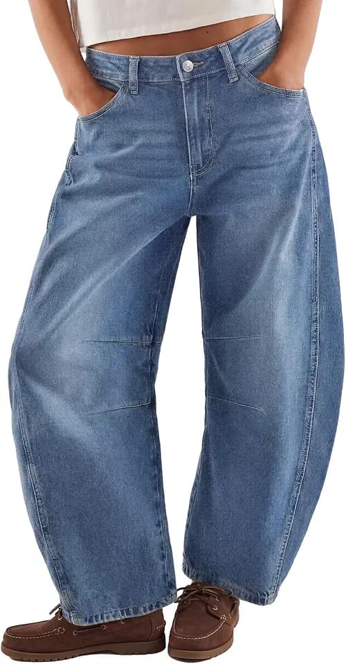 Trendy Queen Women‘s Barrel Jeans - Wide Leg & High Waisted Denim Pants with Curved Hem and Slant Pockets