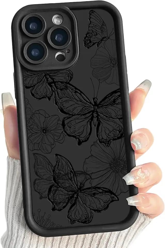 Lovmooful for iPhone 14 Pro Max Case Cute Butterfly Flower Floral-Black