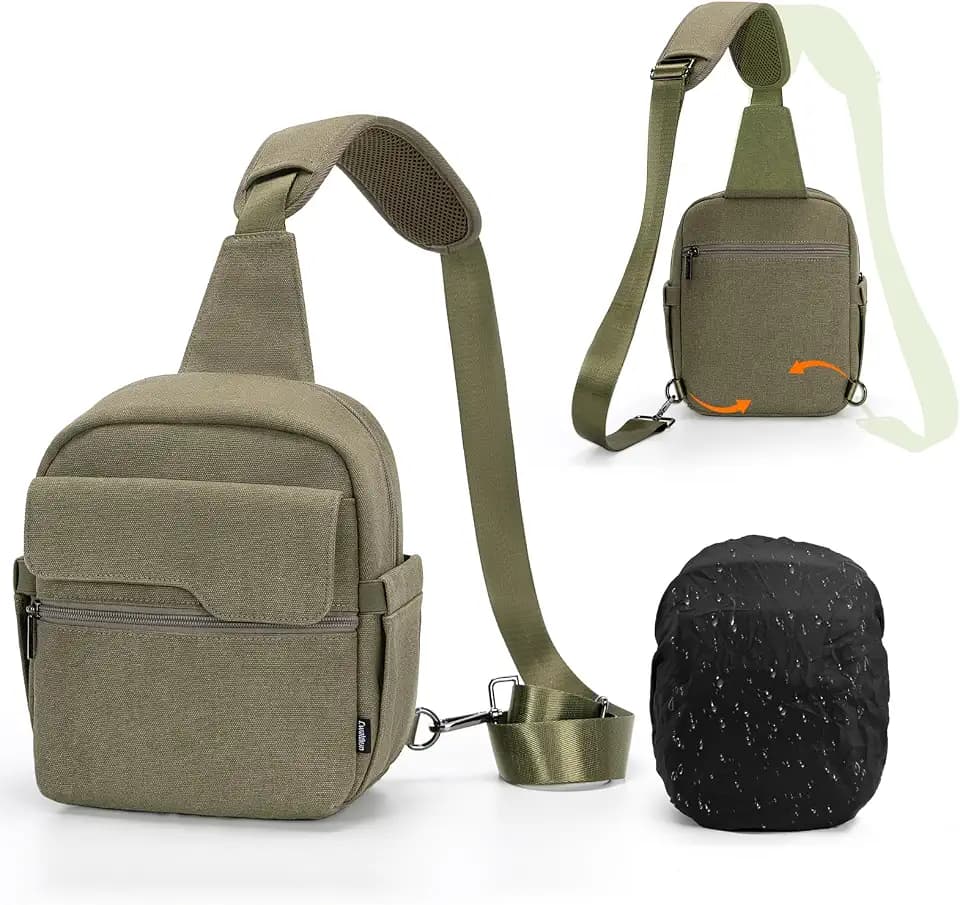 Cwatcun Sling Camera Bag Canvas, Compact Crossbody Case with Rain Cover