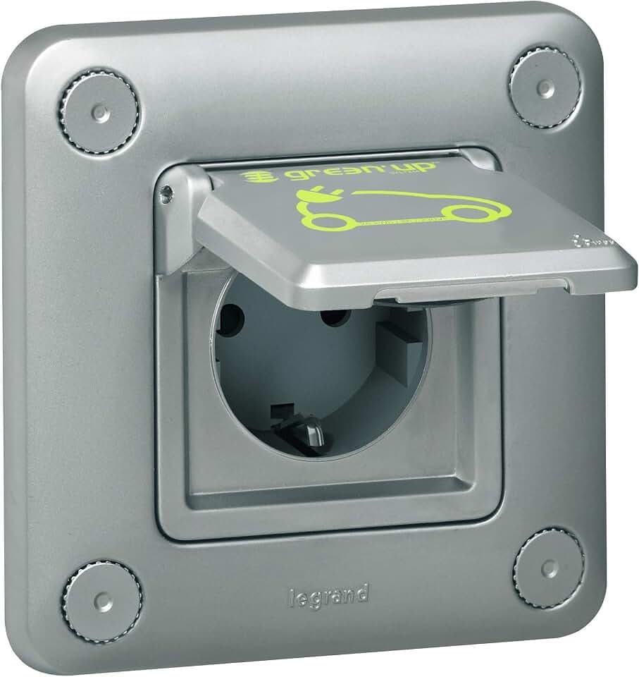 LEGRAND, Green Up Steckdose für Elektrofahrzeuge & Plug-in-Hybridfahrzeuge, Schnellladesystem f. E-Autos, Mode 1&2-kompatibel, 1-phasig, Ladestrom von 8-16A, 3,7kW, 230V, Unterputz, IK10, IP44, 077856