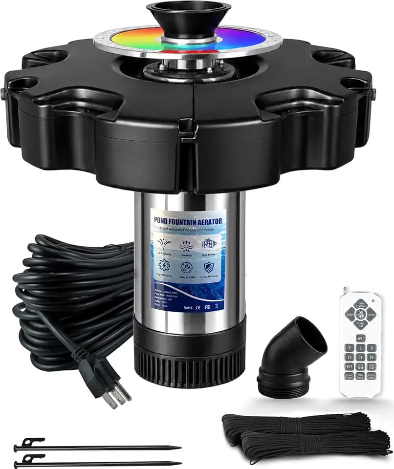 Pond Fountain Aerator with RGB LED Lights, 1HP 110V 15000 GPH Stainless Steel Floating Fountain, Lake Floating Fountain for Large Ponds, 100 FT Power Cord & Remote Control