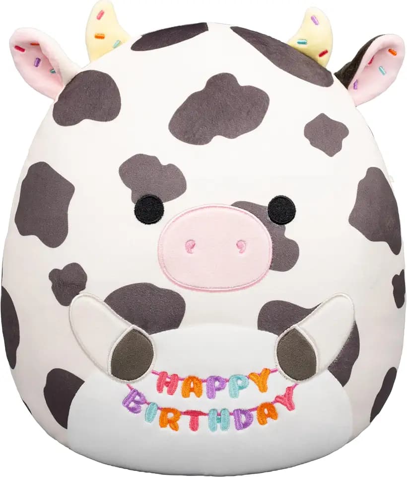 Squishmallows Original 12in Colin the Cow Holding “Happy Birthday” Sign – Official Jazwares Plush (Medium-Sized)