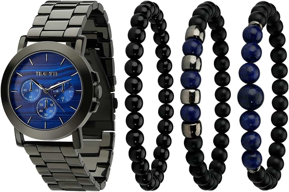 TIME100 Herren Armbanduhr und Armband Set,Premium Quarzuhr Geschenkset mit stapelbaren Perlenarmbändern,Wasserdicht Uhr Geschenksets für Männer Stilvoll für Business und Freizeit