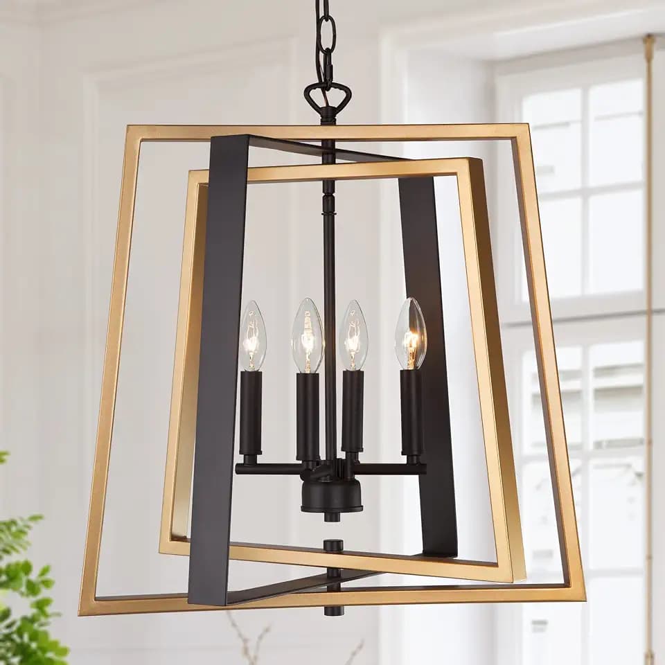 Black and Gold Chandelier, 20“W Modern Farmhouse Pendant Lighting Fixture with Free Swinging Arms for Dining Room, Foyer, Bedroom, Kitchen Island