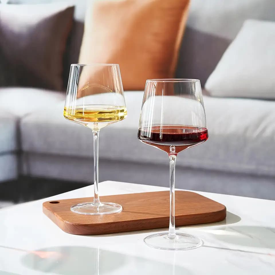 Khen Long Stem Modern Wine Glasses, Thin Universal All Purpose Crystal Wine Glasses, Red & White Flat Bottom with Tall Long Stems - Durable | 2 Glass Set | Handblown & Lead-Free, Stemmed 16oz