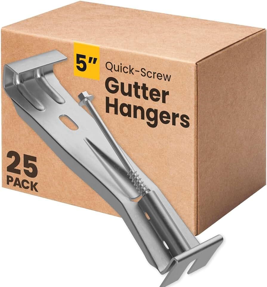 Quick-Screw 5" Gutter Hangers - Heavy Duty Hidden Gutter Brackets with Pre-Assembled Inserted Gutter Screws - Rain Gutter Parts and Accessories to Fix or Repair Sagging Rain Gutters (25 Count)