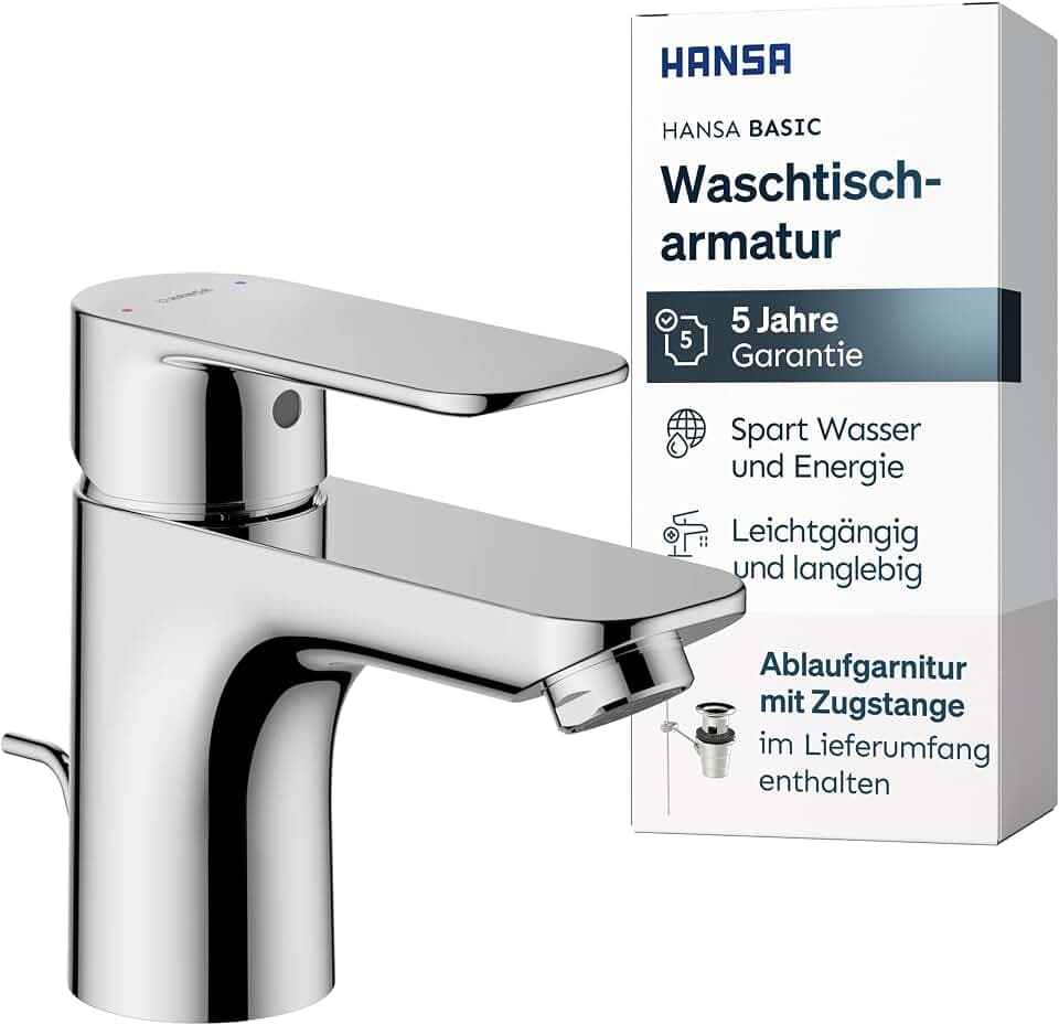 HANSA BASIC Waschtischarmatur I Wasserhahn Badezimmer mit Temperatur & Wassermengenbegrenzer | Mischbatterie Bad aus Messing | Inkl. Ablaufgarnitur mit Zugstange | Einhebelmischer Waschbecken | Chrom