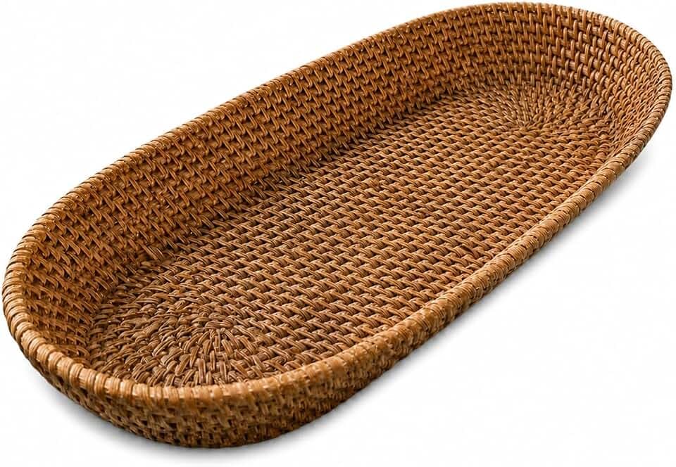 i-lan 17-Inch Long Wicker Basket Tray, Oval Bread Server, Honey Brown