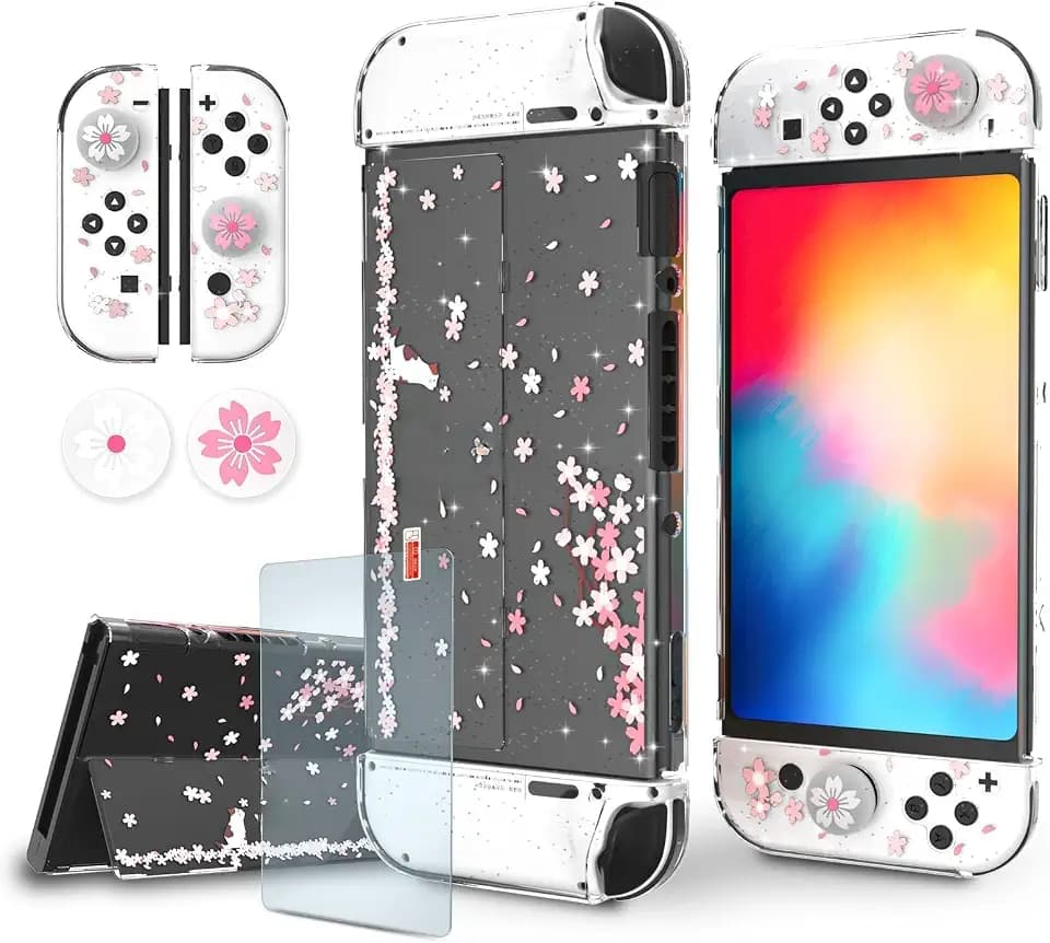 Nintendo Switch OLED Case, Cherry Blossom Glitter Dockable Cover with Grips