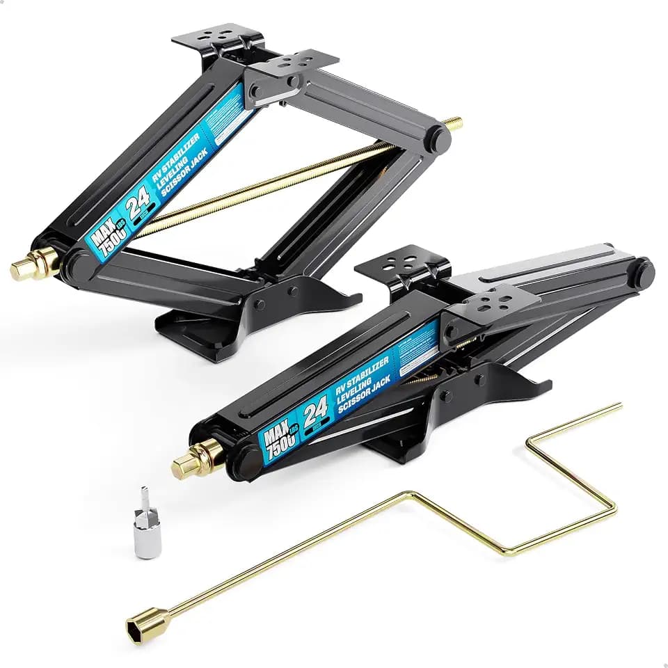RV Stabilizer Jacks - 7500lbs Heavy Duty Scissor Jacks for Travel Trailer & Camper, Set of 2 with Crank Handle, Drill Bit, 24" Max Lift - WELLUCK