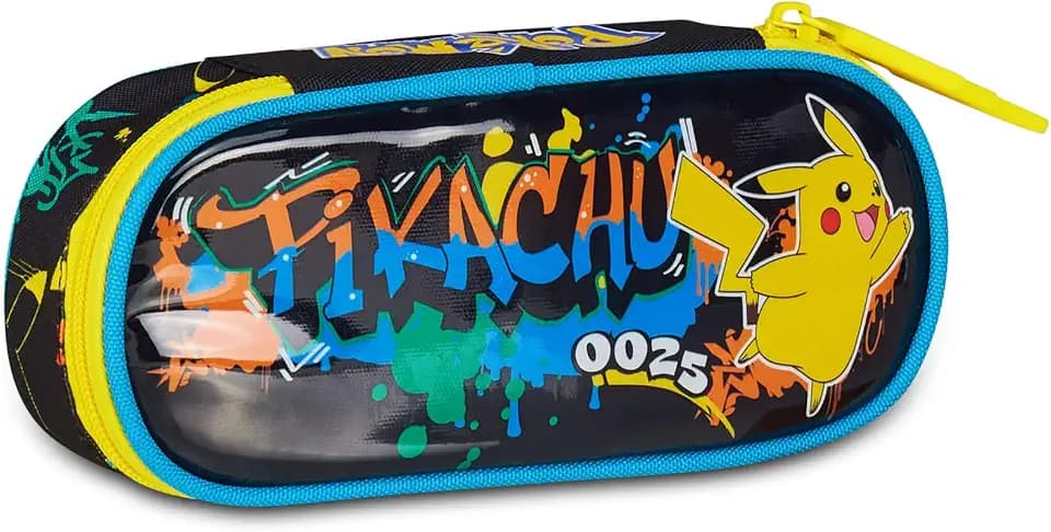Seven Pokémon Federmäppchen Round Plus, schwarz, ovales Federmäppchen mit Gummibändern und Tasche für Stifte, Bleistifte und Zubehör, Grundschule, Kinder