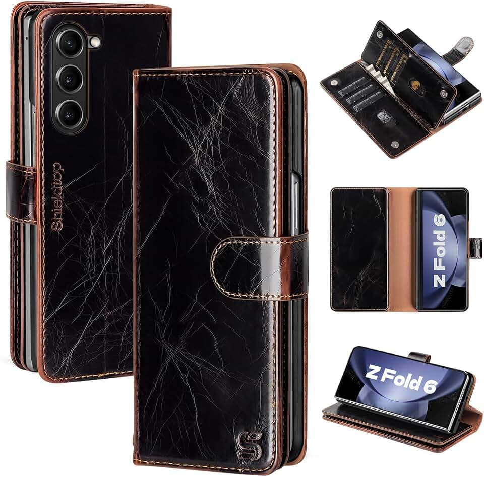 Shieldtop for Samsung Galaxy Z Fold 6 Wallet Case with Card Holder,Coffee