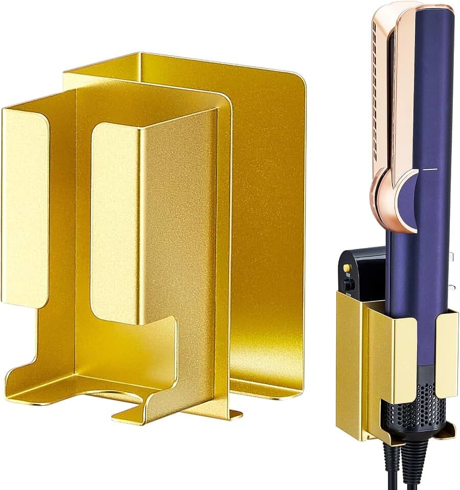 Glätteisen Halterung, Wandhalterung für Glätteisen Zubehör, Haarglätter Halter Ohne Bohren, Haarglätter Halterung Ständer, Glätteisenhalter Aufbewahrung Föhn und Glätteisenhalterung für Bad (Gold)