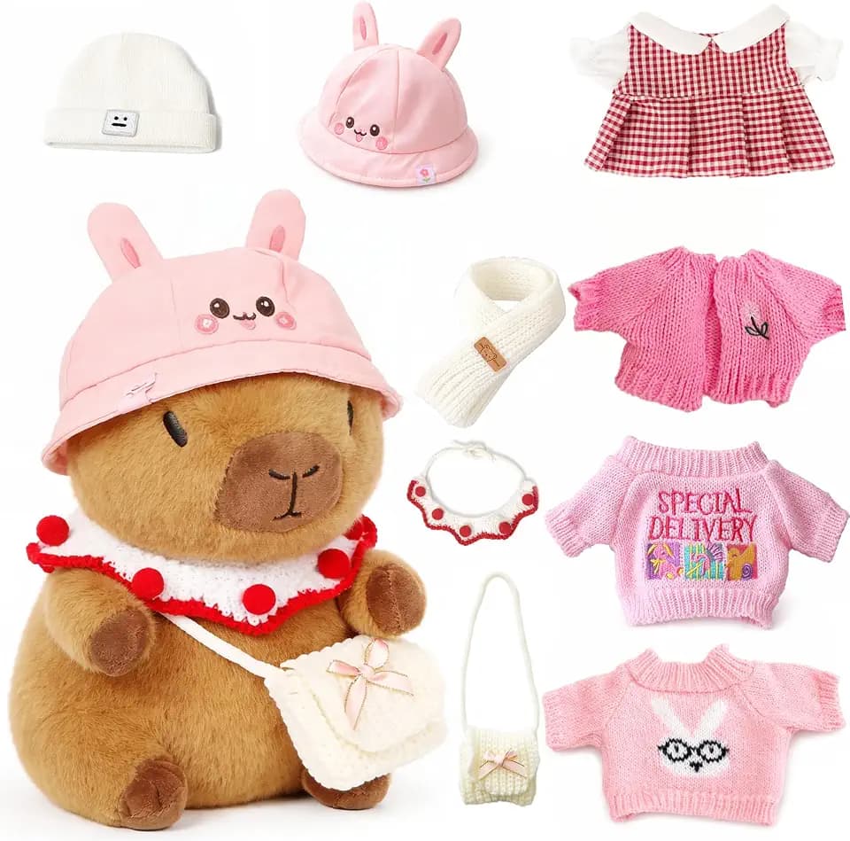 10.2" Pink Capybara Plush Toy with 9 Clothes and Accessories