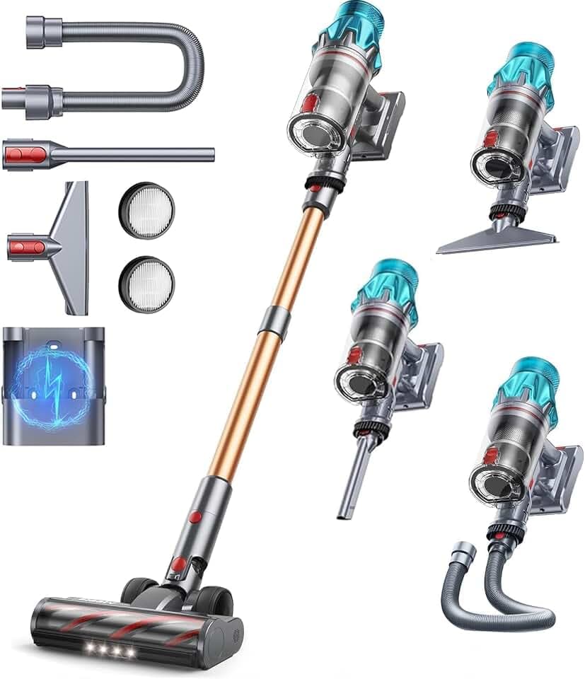 Fieety Akku Staubsauger Kabellos, 50kPa/600W Starkes Saugen, 65Min, 1.6L Beutellos - 8-in-1 Mit Anti-Haar-Wickel, Sofabürste & Ladestation, Ideal für Tierhaare, Teppiche, Hartböden, Auto