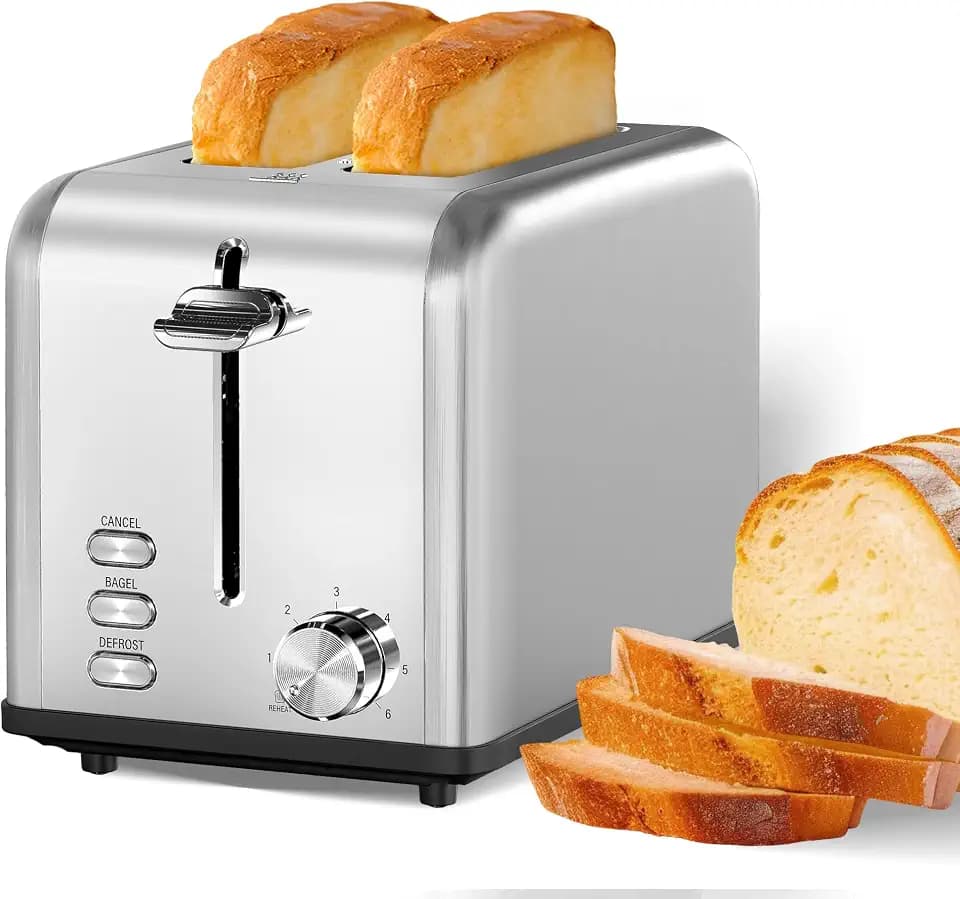 Simple Deluxe 2-Slice Toaster, Stainless Steel Toaster, 6 Browning Setting and 3 Function, Extra Wide Slot & Removable Crumb Tray, for Bread & Waffle, Silver