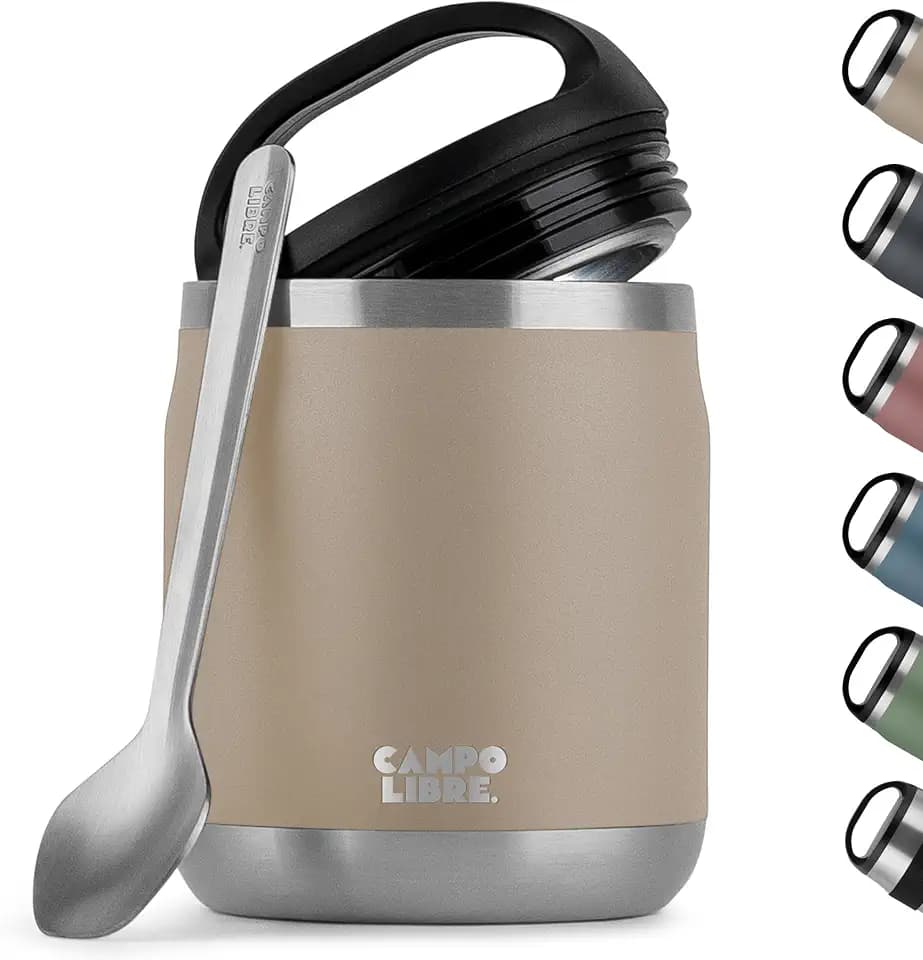 Campo Libre.® Lotta, Thermobehälter für Essen, Edelstahl Thermobecher Essen mit Löffel, Warmhaltebehälter Essen, Mueslicup oder Babybrei Warmhaltebox, Thermo-Essensbehälter, Beige, 600ml
