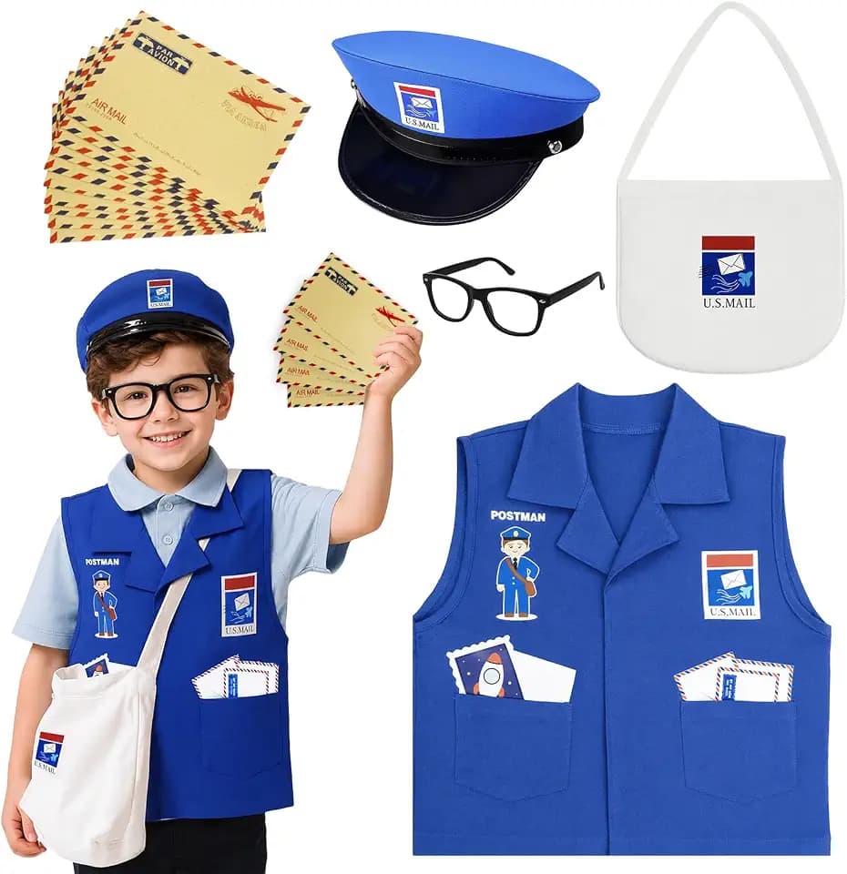 Kids Mailman Costume, 5-Piece Mail Carrier Set with Vest, Hat & Mail Bag