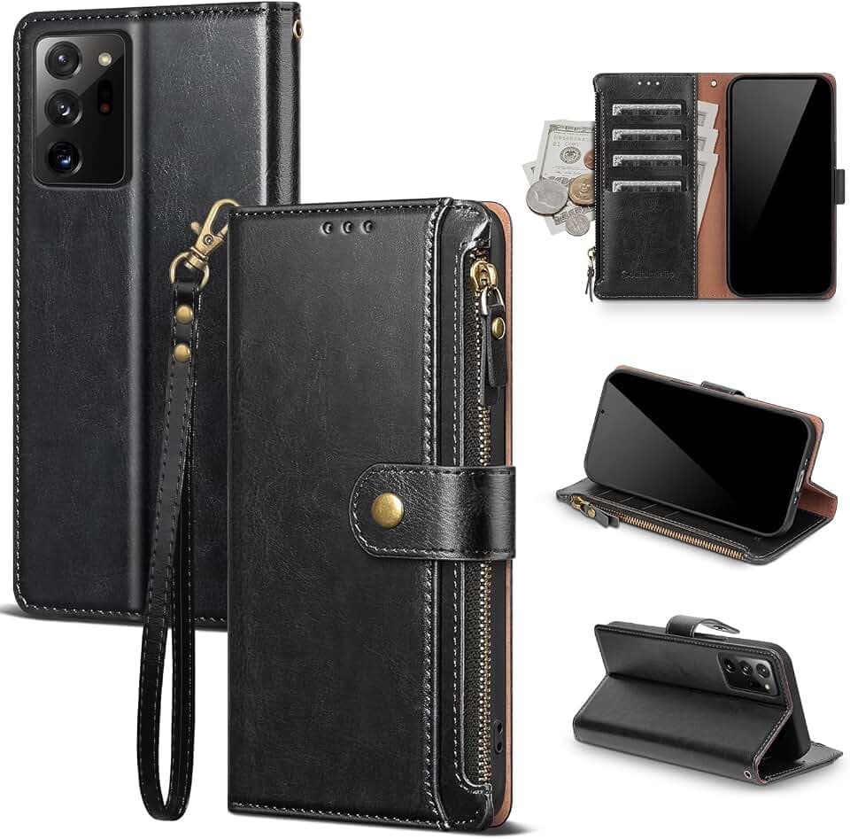 Compatible with Samsung Galaxy Note 20 Ultra 5G Wallet Case with Card Holder RFID Blocking Zipper PU Leather Phone Case Flip Protective Cover Wrist Strap Credit Card Slots Men Women,Black