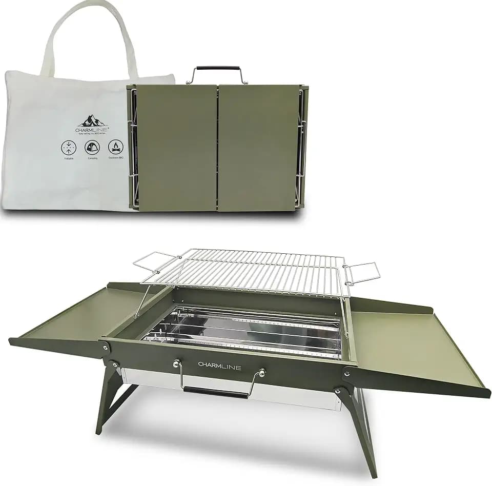 Charmline 18 x 13 inches Large Foldable Portable Charcoal BBQ Grill, Camping BBQ Grill for 3–5 People, Ideal for Camping, Garden, Beach, Picnic & Tabletop Use, Green