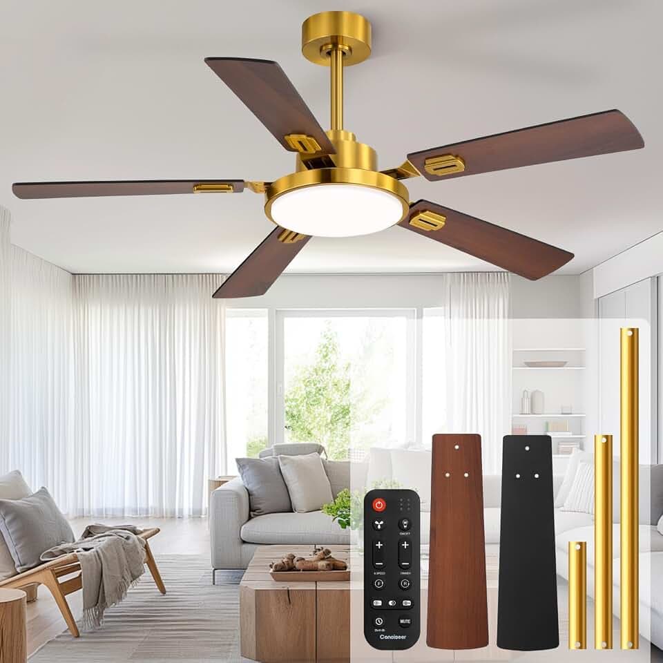 60 Inch Ceiling Fans with Lights and Remote, Bedroom Living Room Office Library Cafe Outdoor Industrial, 5CCT Dimmable, Dual Color 5 Blades, 6 Speed Reversible Quiet DC Motor, Gold/Wood Grain