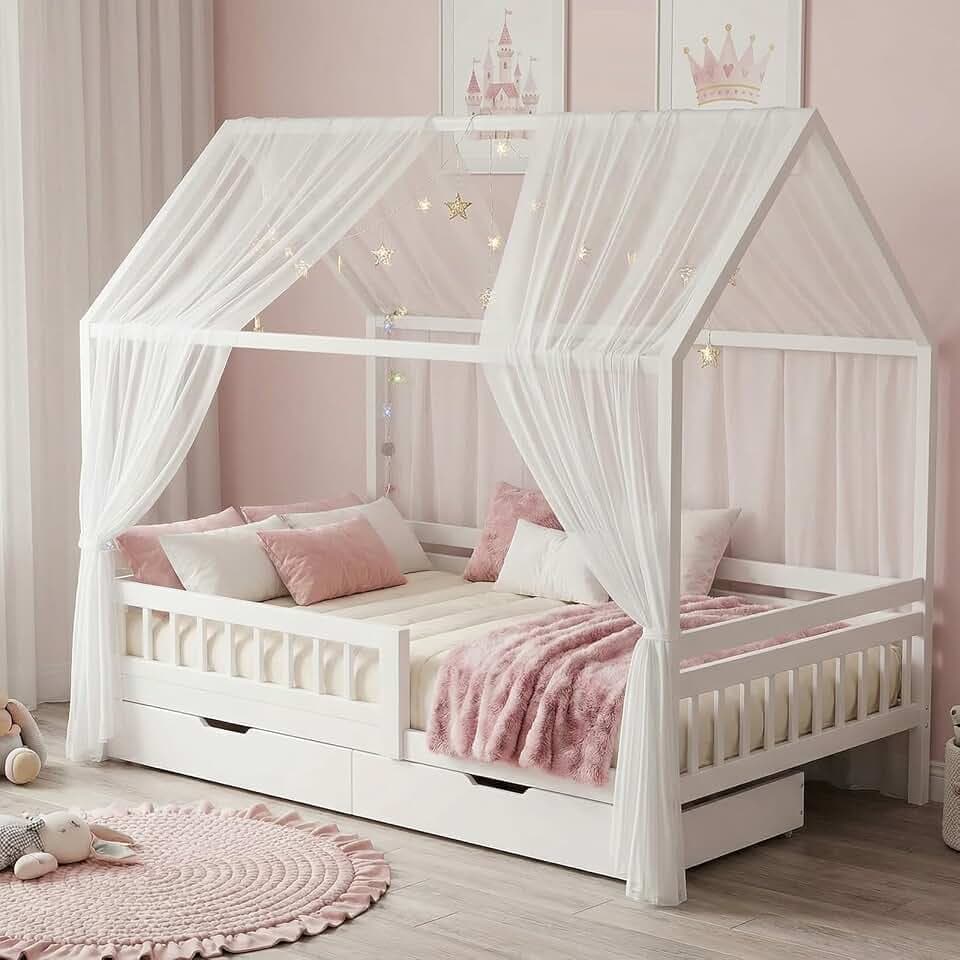 2 Stück Hausbett Himmel Set, Betthimmel für Hausbett Deko, Bett Vorhang für Mädchen und Jungen im Kinderzimmer, 150 x 350 cm Weiß