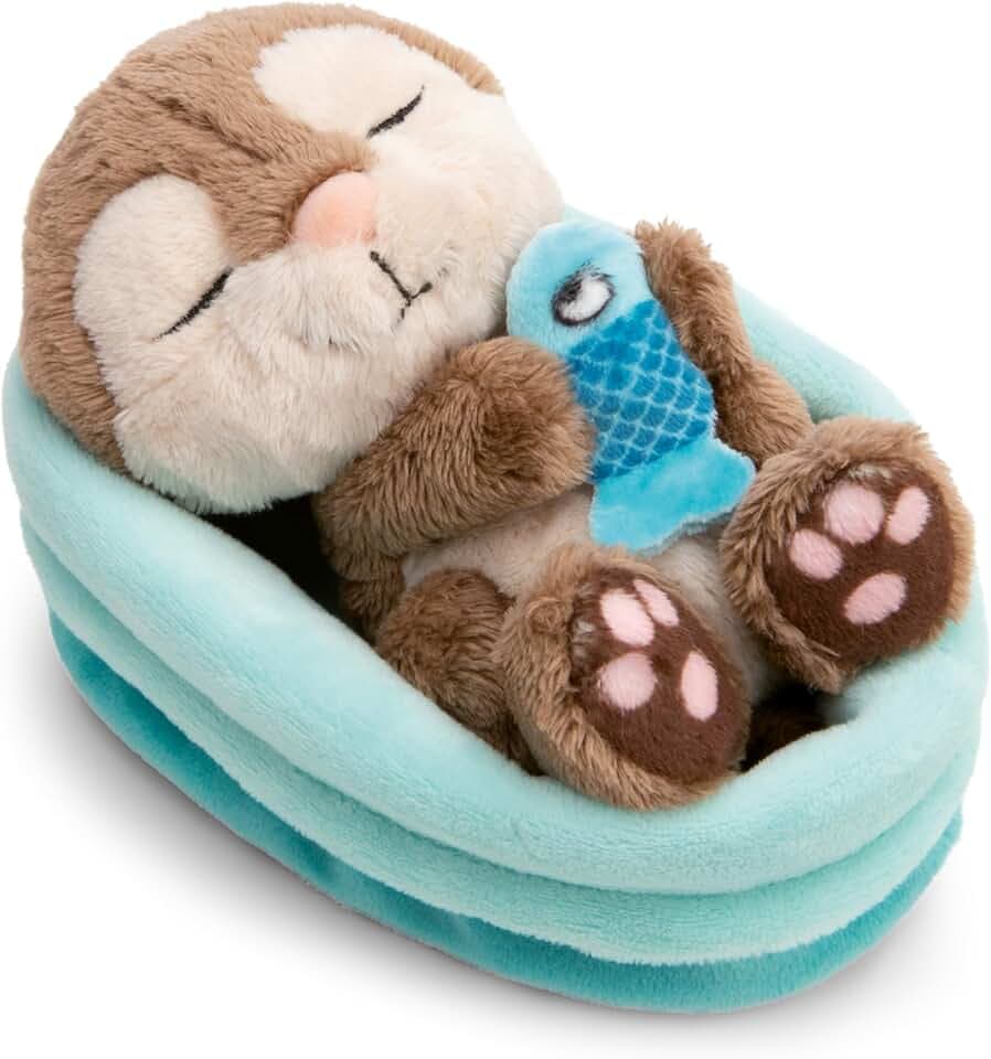 NICI Kuscheltier Otter mit Fisch 12cm schlafend im Körbchen - grau - Stofftier aus weichem Plüsch, niedliches Plüschtier zum Kuscheln und Spielen, für Kinder & Erwachsene - 61582
