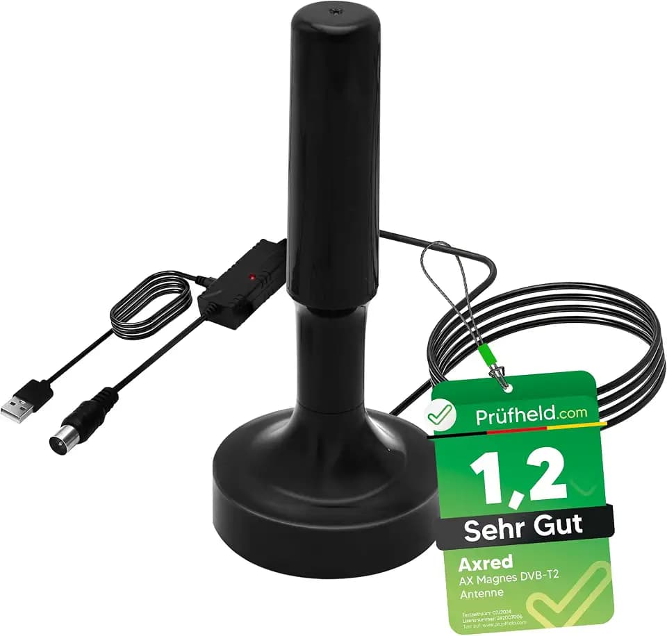 [Test SEHR GUT, Note 1.2 *] AXRED Magnes DVBT2 Antenne mit Verstärker 30dBi für innen außen, DVBT Antenne für Receiver Fernseher, DVB-T DVB-T2 Antennen, DVB T2 Zimmerantenne mit 5m Kabel