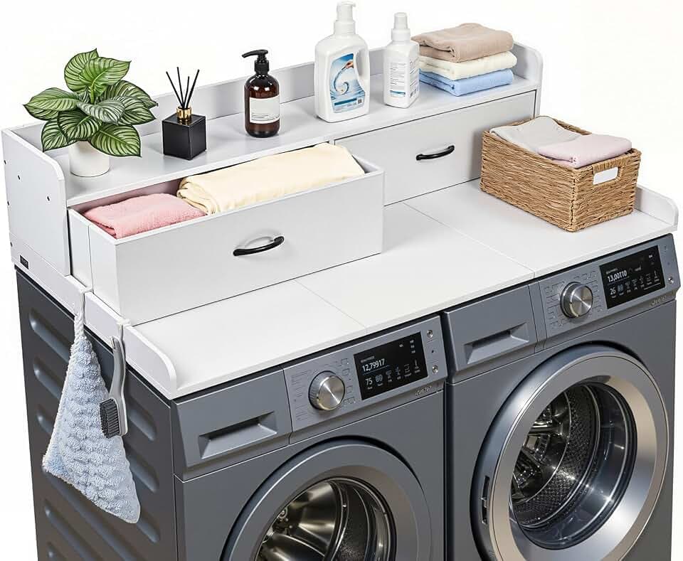 VEVOR Arbeitsplatte für Waschmaschine & Trockner (137 x 69,9 cm) mit Ablage & 2 Schubladen & Haken, für Wäscheschrank Speisekammer Küchentheke, 113 kg Belastbar, Weiß, Ablagefläche für Waschmittel