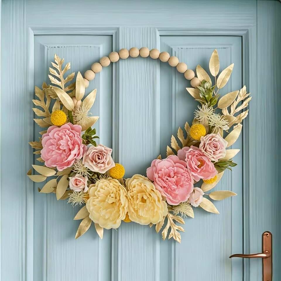 20 Inch Wood Bead Wreath with Peony & Rose