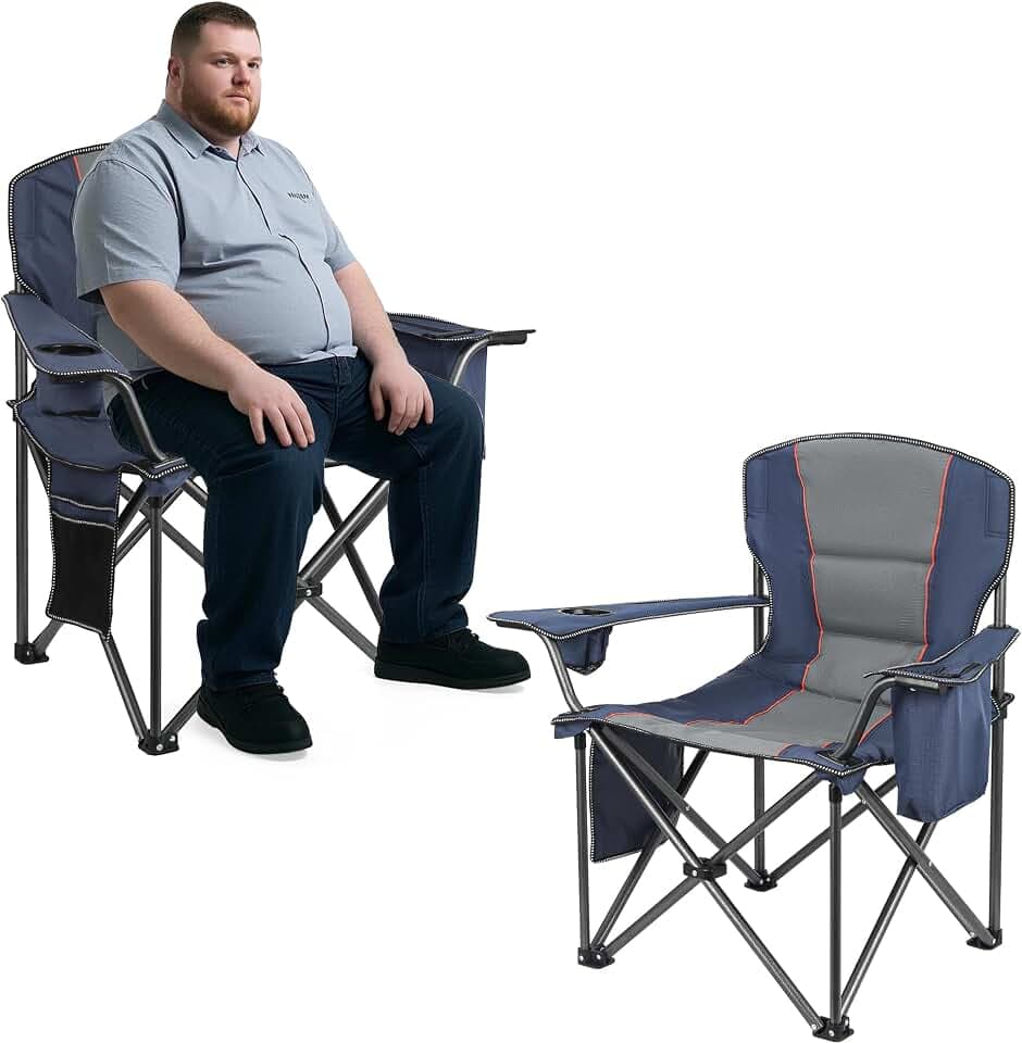 WEIDIORME 2 Pack Heavy Duty Oversized Camping Chair for Adults 400lbs w/Lumbar Support - Folding Chairs with Side Pocket, Cup Holder & Cooler Bag for Beach, Fishing, Lawn, Backyard Navy Blue