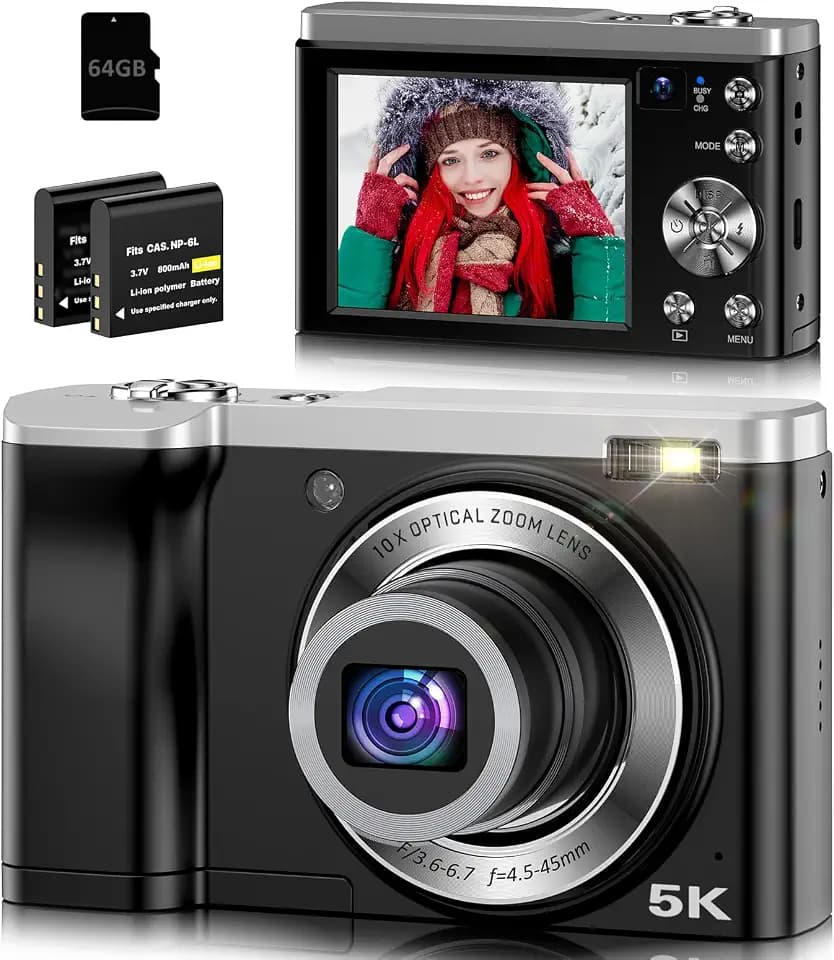 5K Digital Camera 10X Optical Zoom, 56MP Cameras for Photography with Front and Rear Dual Cameras, Vlogging Camera for Photography Travel Camera with 2.8" IPS Touchscreen, 64G Micro Card & 2 Batteries