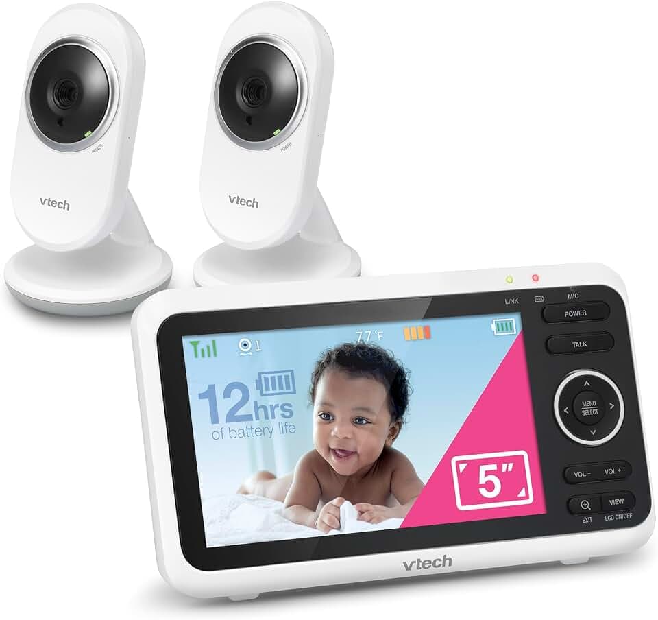 VTech Baby Monitor with 2 Cameras No WiFi & 5" Screen – Split-Screen, Patrol Mode, Night Vision, Two-Way Talk, Temperature Sensor, Lullabies, 1000ft Range | VM350-2