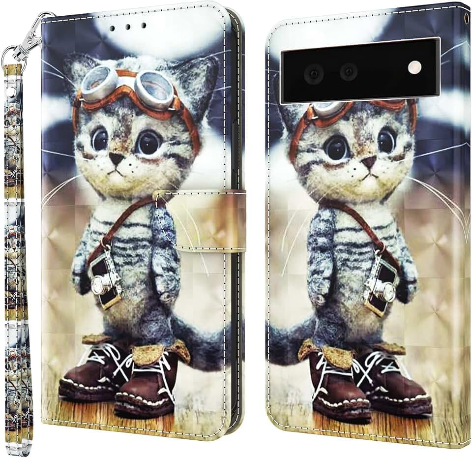 BOLELAW Hülle für Google Pixel 6A 5G, PU Leder Flip Case mit Standfunktion, Magnetverschluss & Kartensteckplatz, Verschmitzte Katze