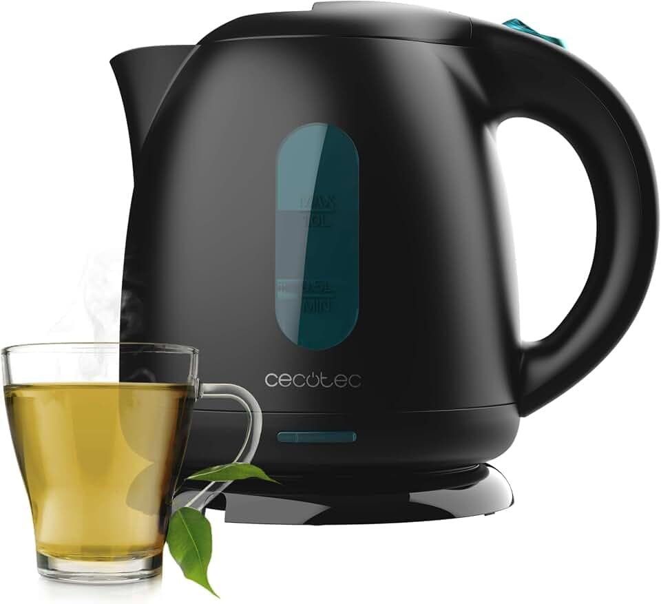 Cecotec Wasserkocher - 1L Kapazität - Thermosense 140 Black. 2200W, schnelles Erhitzen, Anti-Kalk-Filter, BPA-frei und frei von anderen Schadstoffen, 360º drehbare Basis, kabelloses Gefäß