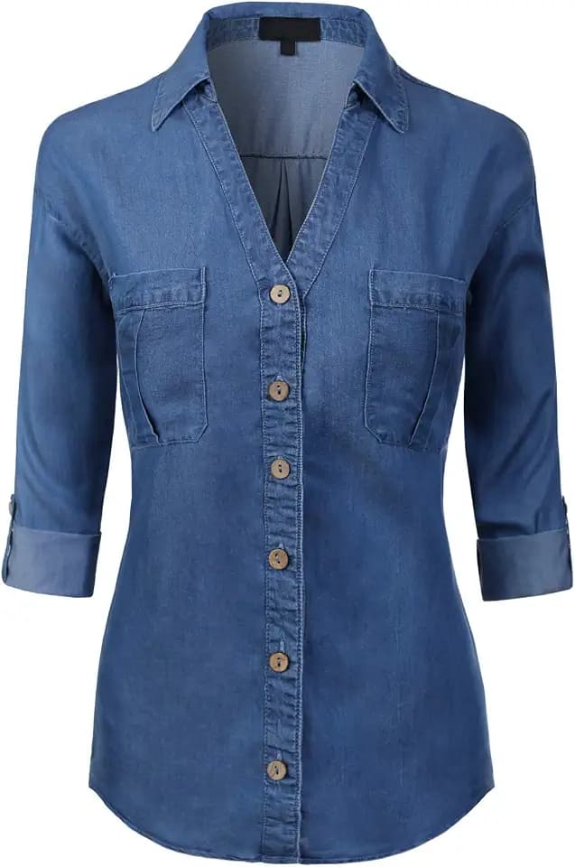 MixMatchy Women's V Neck Tencel Denim Chambray Button Down Shirt