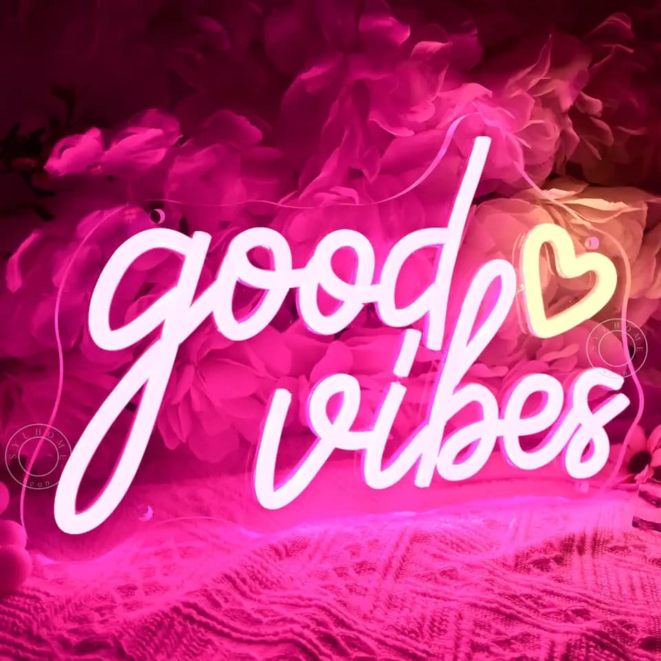 SYLHOME Good Vibes Led Neon Light Sign Heart Bedroom Office Wall Decor Pink