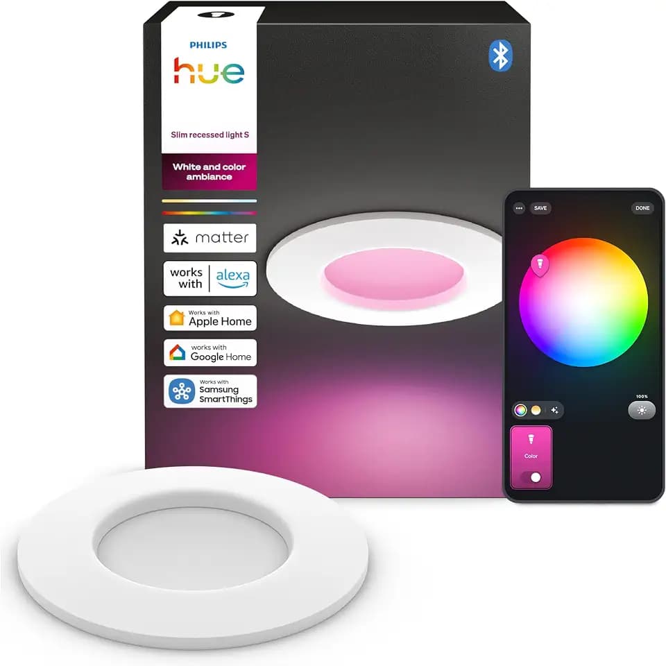Philips Hue Slim Downlight, LED-Deckenleuchte, 1.000 lm, 90 mm, schlankes Design, Vollspektrum-Tageslicht 1.000–20.000 K, Extrem Stufenlos Dimmbar, Präzise Farbe, Smart Lighting, Weiß, 1er-Pack ​