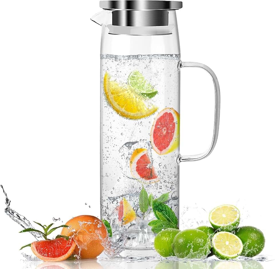Glaskaraffe mit Deckel 1.5 Liter, Wasserkaraffe aus Borosilikatglas, Wasserkrug Glas Hitzebeständig für kaltes oder heißes Wasser, Glaskanne für DIY Getränke, Saft, Tee, Milch, Glaskrug Karaffe