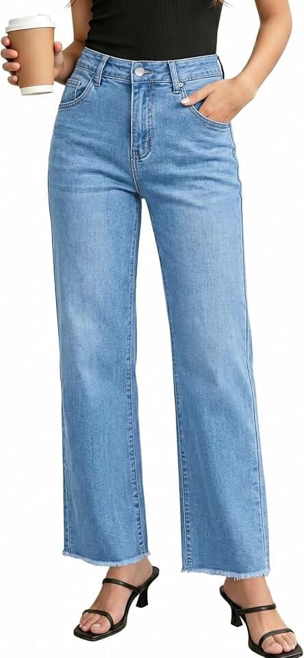 GRAPENT Straight Leg Jeans for Women High Waisted Stretchy Frayed Raw Hem Loose Denim Pants Casual Baggy Jean Trousers