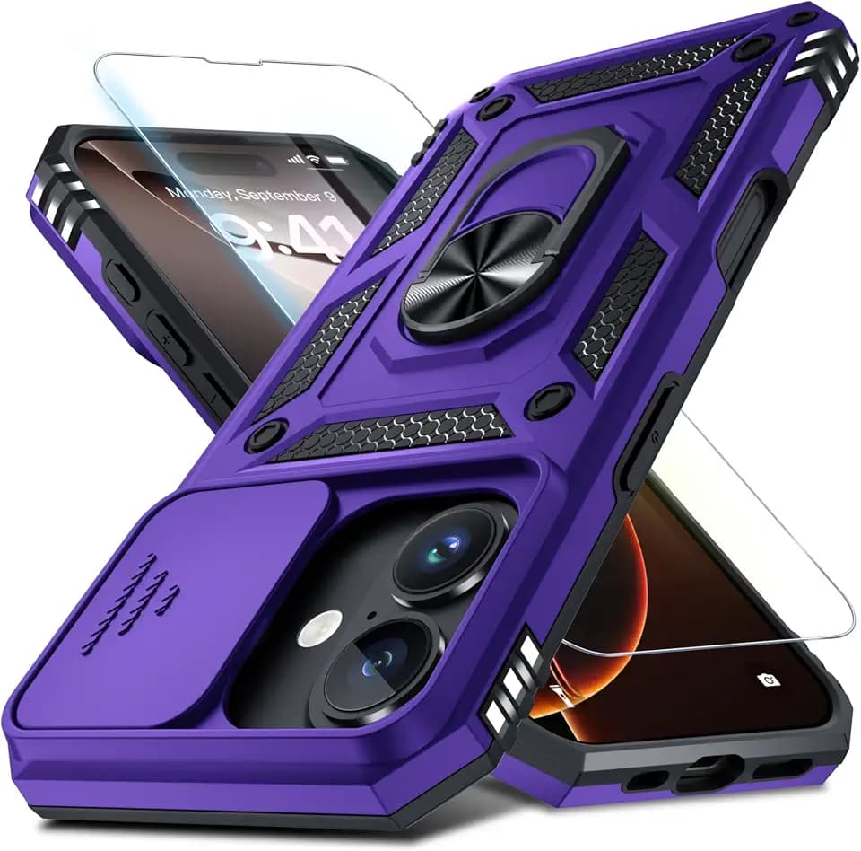 Janmitta for iPhone 17 Phone Case Built in Slide Camera Lens Cover Purple