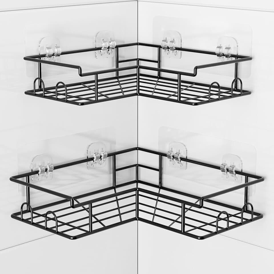 Diboniur 2er Duschregal Ecke aus Edelstahl, ohne Bohren, 8 Haken, Schwarz