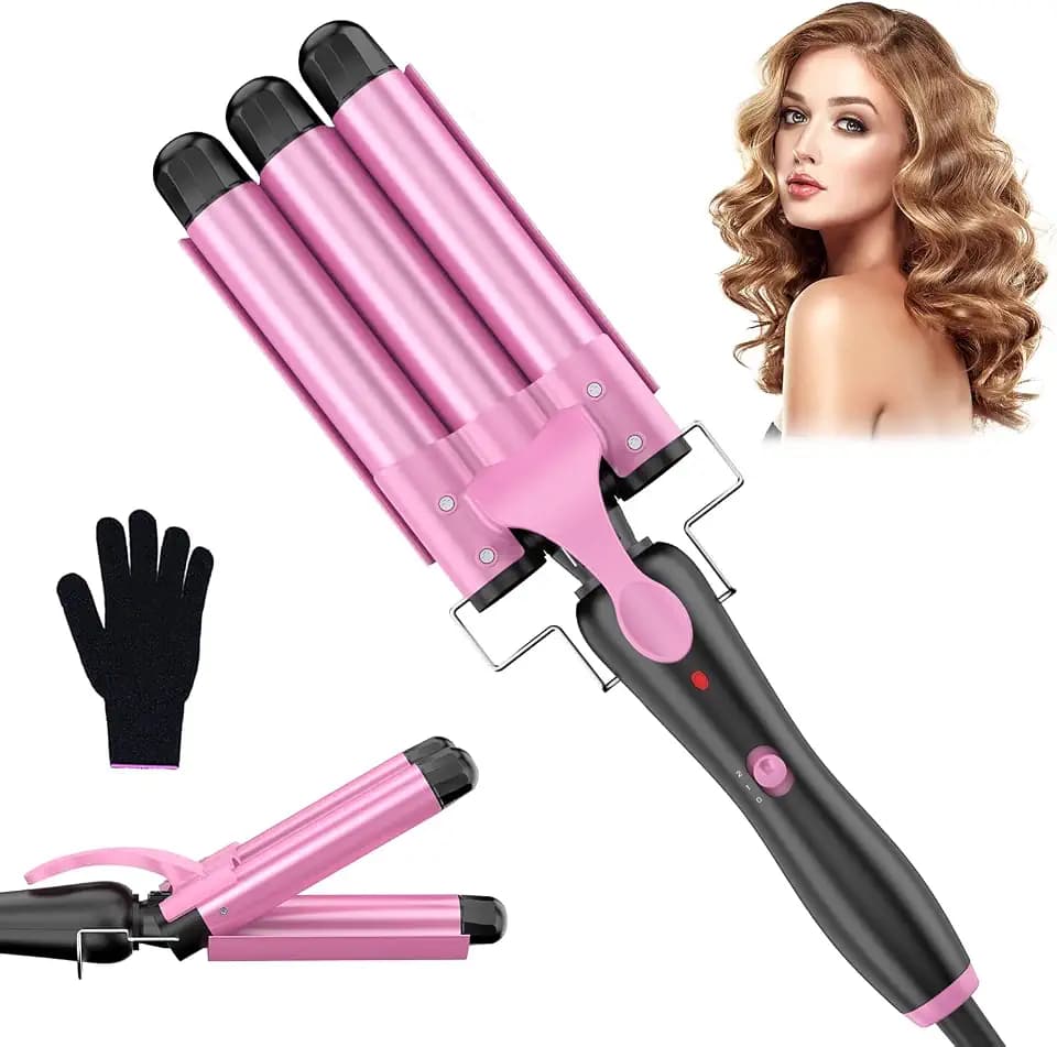 Welleneisen für Haare 3 Fässer Beach Waves, 25mm Kleine Locken Keramik Lockeneisen-Temperatureinstellung Schnelle Erwärmung mit Handschuh, Rosa