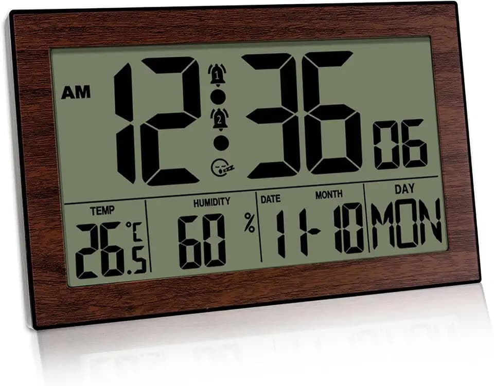 Wanduhr Digital mit Temperaturanzeige und Feuchtigkeitsanzeige,Digitale Wanduhr Batteriebetrieben,Luftfeuchtigkeit Wecker 12/24 Stunden für Schlafzimmer, Wohnzimmer, Büro Schule (Braun)