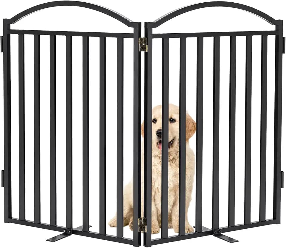 Malier Metal Freestanding Dog Gates, Outdoor Indoor Dog Fences, Extra Wide Foldable Puppy Gate for Stairs, Hallways, Yard